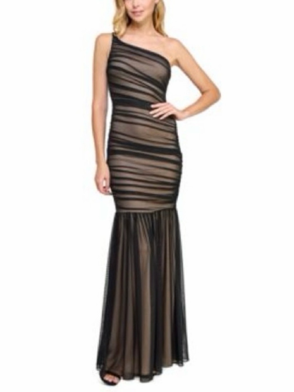 B Darlin Maxi Dress Size 9/10 Fishtail Black Nude Slip Ruched One Shoulder